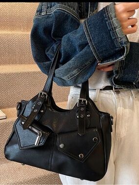 Black Women Faux Shoulder Leather Satchel Studded Handbag Grommet Crossbody New